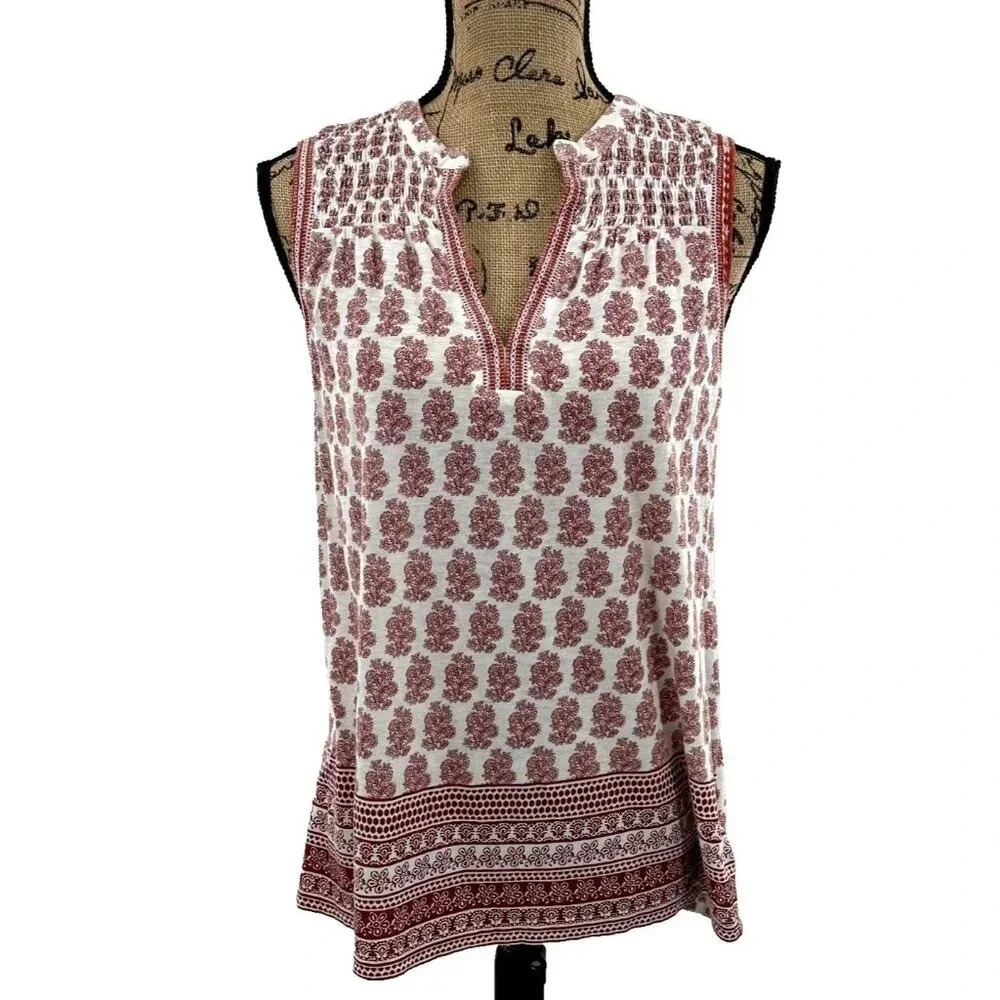 Lucky Brand Top Women M Cotton Sleeveless Ruched VNeck Floral Embroidered Blouse